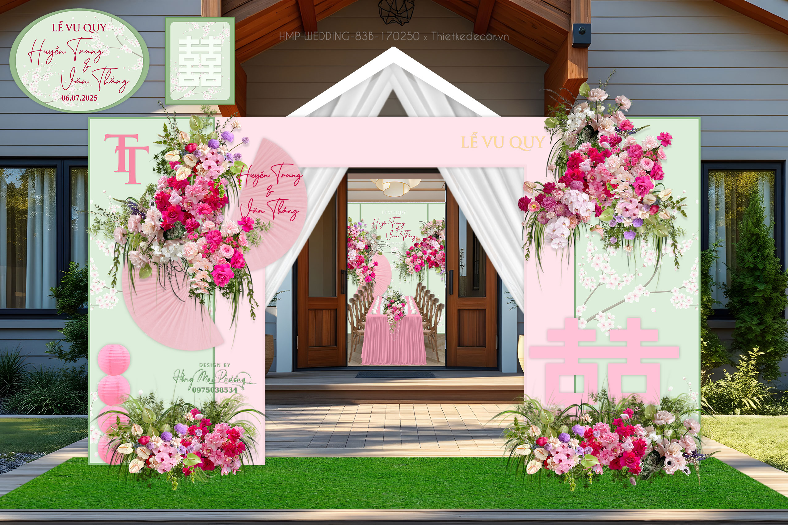 Cổng cưới tone xanh lá pastel mix hồng, kèm thùng tiền và bảng treo sân khấu cùng loại